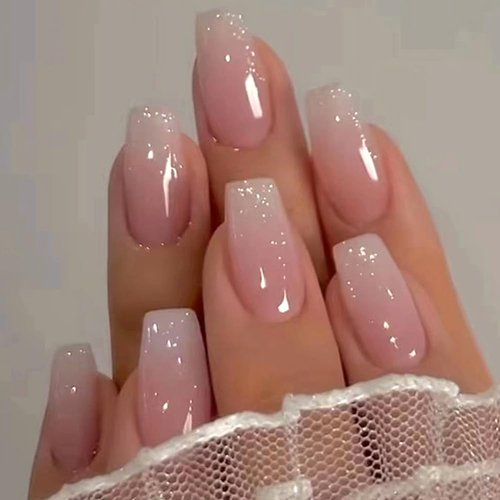 RUPOFUZA Medium Press on Nails Coffin Fake Nails 24Pcs Ombre Pink Square False Nails with Gloss Designs Acrylic Nails Press ons Artificial Nails Stick on Nails for Women