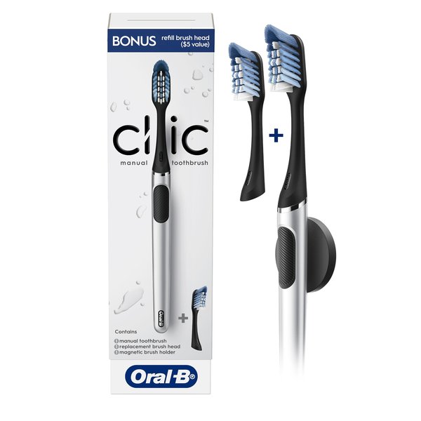 Oral-B Clic Toothbrush, Chrome Black, with 1 Bonus Replacement Brush Head and Magnetic Toothbrush Holder
