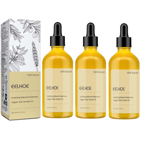 3Pcs Eelhoe Hair Growth Oil, Veganic Natural Hair Growth Organic Rosemary Oil for Dry Damaged Hair and Growth Thin Hair. (180ml)