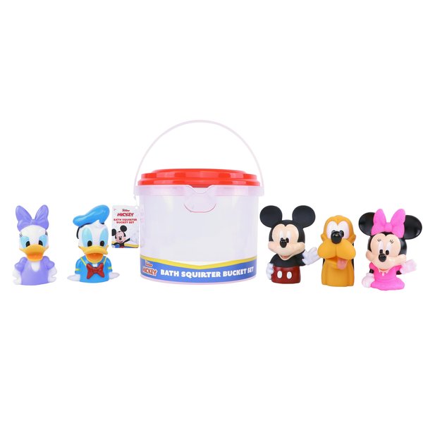Mickey & Friends 6 Piece Bath Squirter Bucket Set. Bath Toys for Baby and Toddlers, Includes Organizer Bucket with Drainage to Store Your Bath time Water Toys.