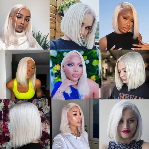 RHAH Glueless Wigs Human Hair 60# Grey Platinum Blonde Bob Wigs for Black Women 13x4 HD Transparent Lace Front Wigs 10 Inch Silky Straight Ash Blonde Wig Human Hair with Baby Hair Pre plucked Frontal