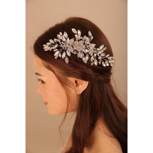 BERYUAN Wedding Silver Flower Leaf Crystal Rhinestone Hair Comb Teardrop Crystal Rhinestone Beads Hair Comb Wedding Hair Accessories for Women and Girls Silver Bride Headband for Brides Bridesmaid