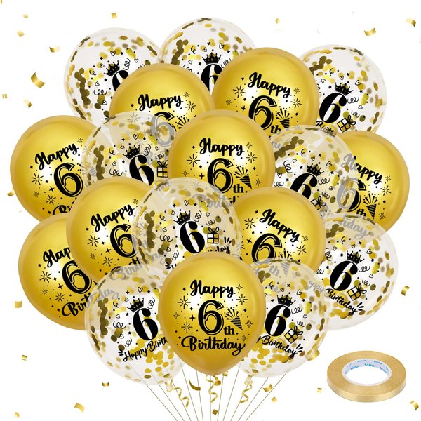 18Pcs Gold 6th Birthday Decorations Happy 6th Birthday Balloons 6th Birthday Latex Balloons Confetti Balloons for Boys Girls 6 Years Old Birthday Anniversary Party Decor Supplies 12 inch