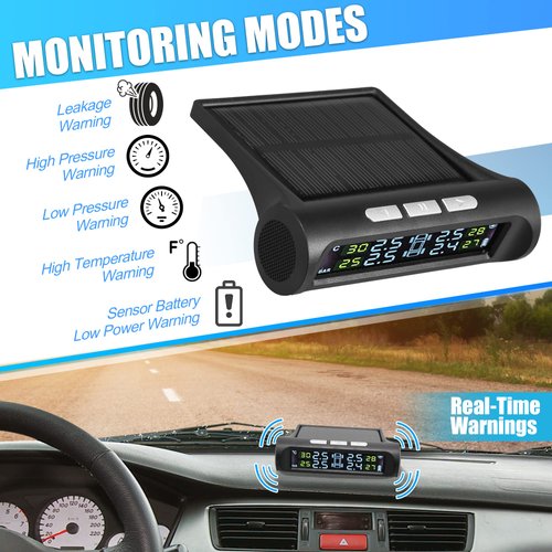 X AUTOHAUX Tire Pressure Monitoring System TPMS Wireless Solar Power and USB Charger Monitor 5 Alarm Modes LCD Color Display with 4 External Sensors Temperature Pressure for Car RV Trailer
