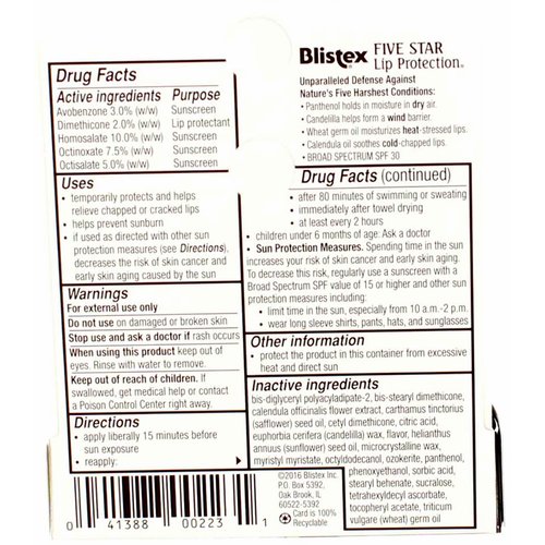 Blistex Five Star Lip Protection Lip Protectant/Sunscreen SPF 30 - Pack of 6