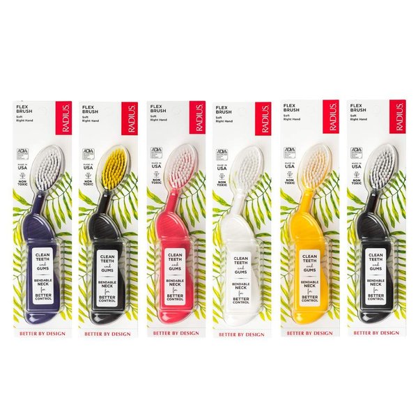 RADIUS Flex Brush with Soft Bristles Toothbrush BPA Free & ADA Accepted Designed to Improve Gum Health & Reduce Issues - Right Hand - Assorted - Pack of 6