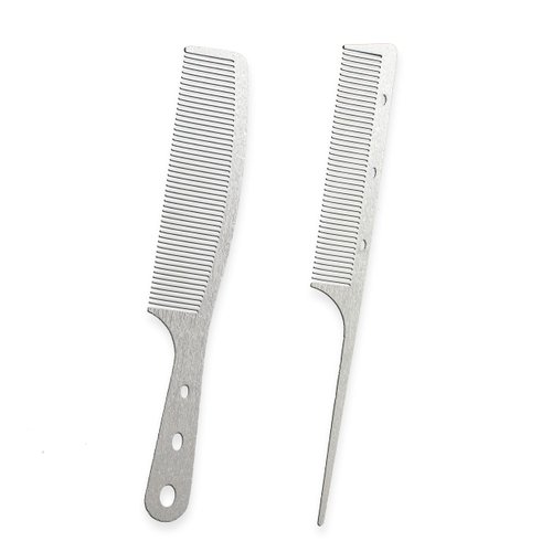 Dolmifapro 2 Pcs Stainless Steel Comb, Rat Tail Hair Combs, Pin tail Barber Comb, Hair Cutting for Hair Stylist, Wood Grain Design