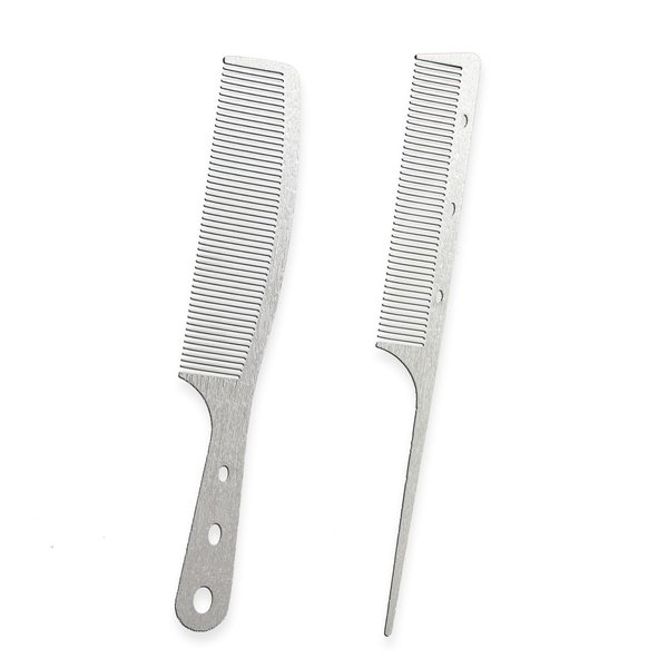 Dolmifapro 2 Pcs Stainless Steel Comb, Rat Tail Hair Combs, Pin tail Barber Comb, Hair Cutting for Hair Stylist, Wood Grain Design