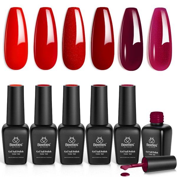 Beetles Red Gel Nail Polish Set - 6 Colors Bloody Mary Collection Popular Shimmer Red Burgundy Gel Polish Kit Nail Art Design Soak Off Uv LED Gel Nail Kit Minicure DIY Home Gifts for Mom