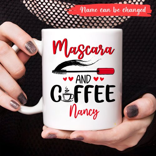 Makeup Lover Coffee Mug, Mascara Eyelash Makeup Travel Cup, Personalized Coffee And Mascara White Cup Gifts For Women Cosmetician Esthetician Makeup Lovers, MUA Beautician Ceramic Mugs 11oz 15oz