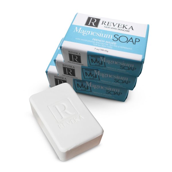 Reveka Skincare 4-Pack Magnesium Soap, Triple-Milled Shea Butter with Peppermint Soap, 4-in-1 Magnesium Bath & Shaving Essential with Tea Tree Oil for Face, Body & Hair, Crafted in the US