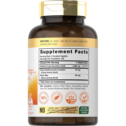 Carlyle Vitamin C 1000mg with Bioflavonoids | 250 Caplets | with Rose HIPS | Vegetarian, Non-GMO, Gluten Free