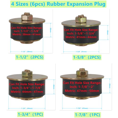 Dsnaduo 4 Sizes (6pcs) Rubber Expansion Plug, Automotive Rubber Freeze Plug Fit Hole Size: 1-1/2"~2” (38mm~50mm)