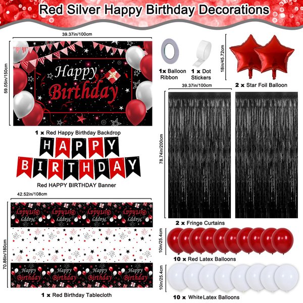 Red and Black Party Decorations for Women Men Boys Girls, Black and Red Birthday Decorations with Happy Birthday Banner Backdrop Tablecloth Red Star Balloons Black Fringe Curtains Party Supplies