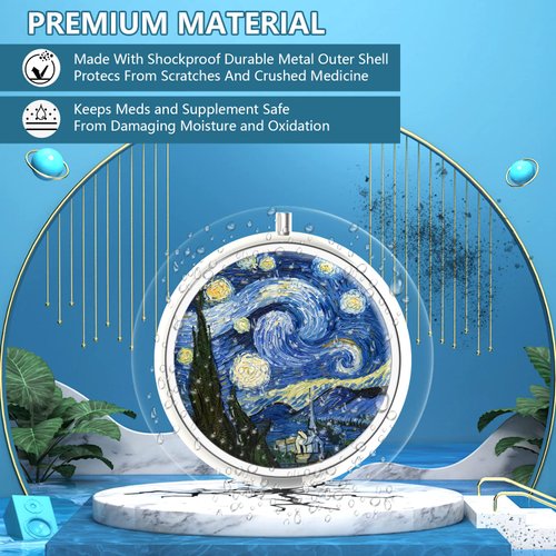 Pill Box 3 Compartment Portable Pill Case for Pocket or Purse Pill Box Decorative Metal Medicine Vitamin Organizer Unique Gift(Van Gogh Starry Night)