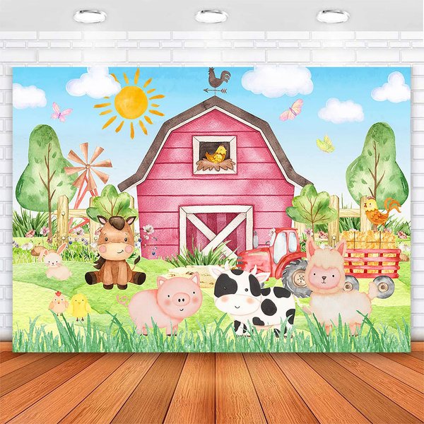 Avezano Farm Backdrop Red Farm Barnyard Animals Birthday Party Decorations Kids Cartoon Farm Theme Baby Shower Party Banner Cake Table Photobooth Props (7x5ft(82''x59''))