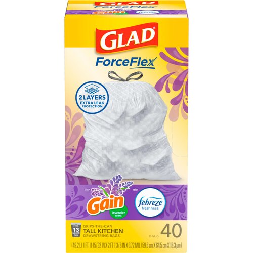 Glad ForceFlex Tall Kitchen Drawstring Trash Bags, 13 Gallon Trash Bag, Gain Lavender with Febreze Freshness, 40 Count