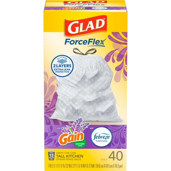 Glad ForceFlex Tall Kitchen Drawstring Trash Bags, 13 Gallon Trash Bag, Gain Lavender with Febreze Freshness, 40 Count
