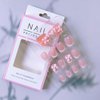 White French Tip Press on Nails Short Square Pink Gradient with 3D Butterfly Pearl Decoration False Nails Cute Fake Nails Glue on Nails Full Cover French Manicure Stick on Nails for Women Girl 24Pcs