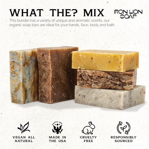 Iron Lion Soap - What The? Mix Body Soap - Organic Soap Bar - Made in USA - Plant Based, Vegan, Cold Process Handmade Soap - Moisturizing Bath Soaps for All Skin Types - (5 Pack)