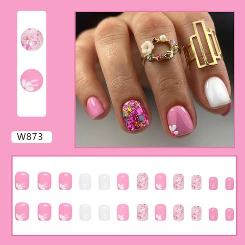Extra Short Press on Nails Square SWEKKE Fake Nails Pink Full Cover Flower False Nails with Designs Glitter Glossy Glue on Nails Cute Acrylic Nails Artificial Nails for Women Girls 24 Pcs