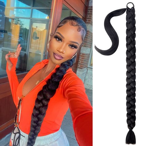 Braided Ponytail Extension,Mebeli Braid Extensions Long Braided Ponytail Extension for Black Women With Hair Tie,Straight Wrap with Braid Ponytail Extension Synthetic Hair Pieces 34 Inch 1B. … …