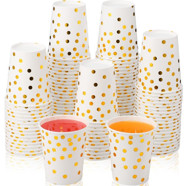Sieral 100 Pcs Black Cups Gold Foil Disposable Paper Cups Polka Dot Black Shot Cups 9 oz Coffee Cups Bulk for Wedding Back to School Bridal Shower Party Favor(White and Gold)