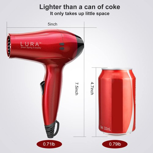 LURA Travel Hair Dryer with Diffuser and Concentrator:Mini Blow Dryer with European Plug,Small Dual Voltage Portable Hairdryer with Travel Bag,Compact Lightweight 1200W Blowdryer for Men and Kids Red