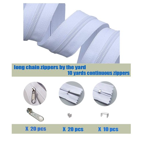 JOSDIOX Zipper by The Yard #3 White Sewing 10 Yard Long Zipper in Continuous Nylon Coil with 20pcs Zipper Sliders Zipper Pull and 30pcs Zippers Stops for Upholstery Sewing