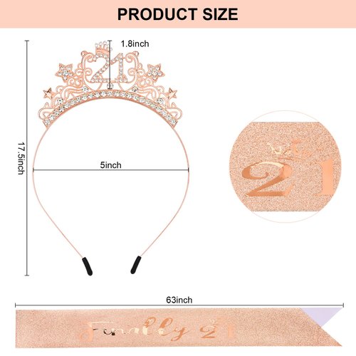 Amariver 21st Birthday Headband Finally 21 Birthday Sash 21st Birthday Crown 21st Rhinestones　Birthday Decoration Rose Gold Birthday Tiara 21st Birthday Gift Party Favors