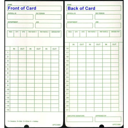 100 uPTC1000-1 Time Cards for uPunch HN3000 AutoAlign Time Clock (fits HN1000, HN1500, HN3000, HN3500, HN3540, UB1000) Non-Calculating Compatible