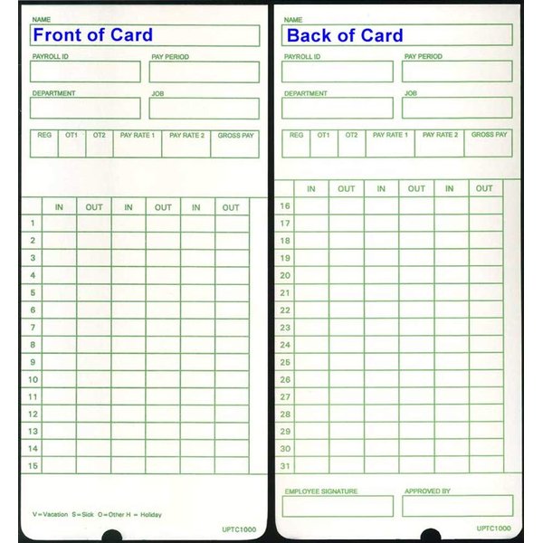 100 uPTC1000-1 Time Cards for uPunch HN3000 AutoAlign Time Clock (fits HN1000, HN1500, HN3000, HN3500, HN3540, UB1000) Non-Calculating Compatible