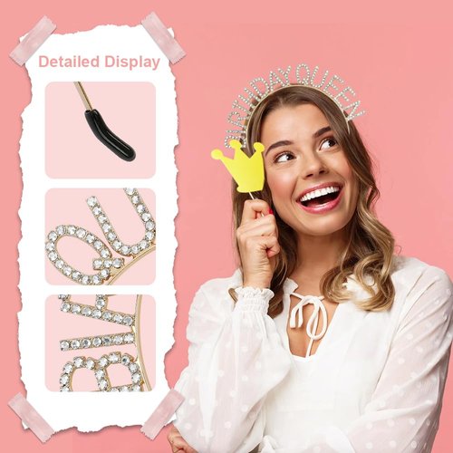 VZXMKA Birthday Headbands for Women Birthday Gold White Headbands for Queen Crowns for Women Christmas Birthday Party Decorations Happy Birthday Princess Crown Rhinestone Happy Birthday Accessories