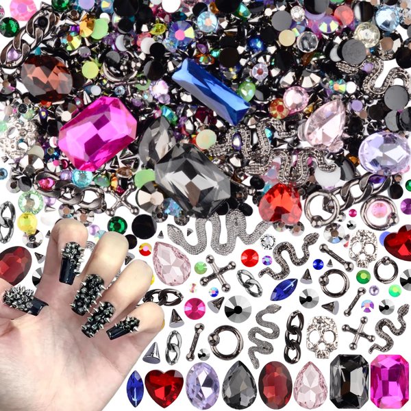 editTime 3D Metal Punk Nail Charms Jewels Kit, 300pcs Alloy Chrome Cone Rivet Spike Snake Skull Studs with 9pcs Big Glass Pointed Bottom Rhinestones and 200pcs Flatback Resin Rhinestones (gunblack)