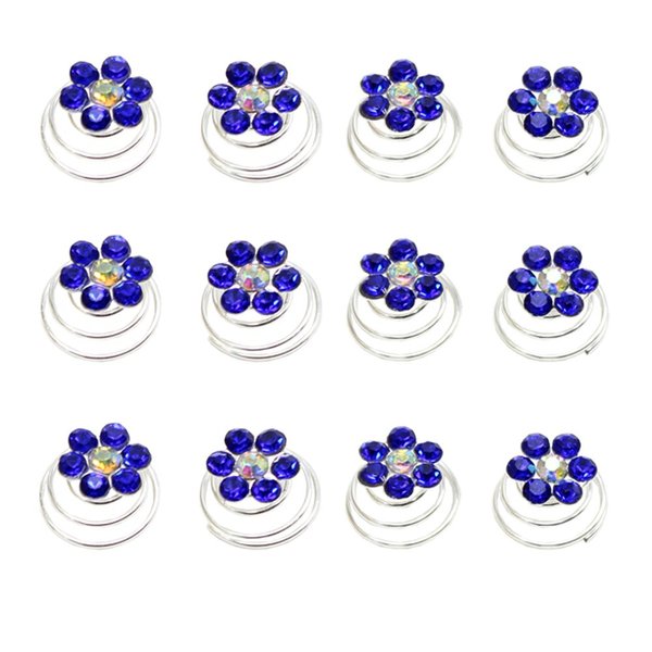 Newstarfactory Rhinestone Studded Collection Flower Spiral Hair Pin Pack of 12 (Royal Blue)