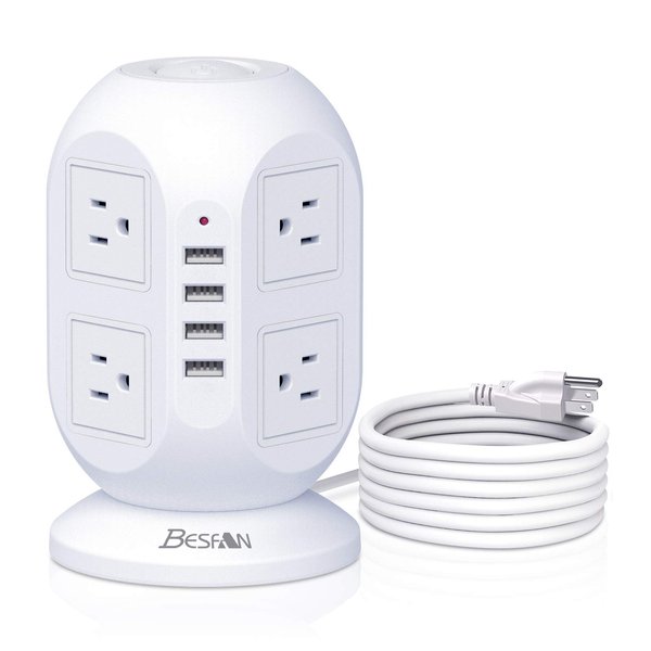 Tower Surge Protector Power Strip 10 Ft, BESFAN Long Extension Cord with Multiple Outlets, 8 AC Outlets with 4 USB Ports Power Strips with Surge Protection for Home Office Dorm Essentials