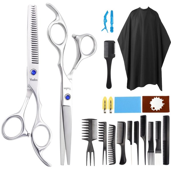 Hair Cutting Scissors, Yreihn 21Pcs Professional Thinning Layering Shear Comb Razor Cape for Women Men Children Kids, Barber Salon Home Use Hairdressing Tools
