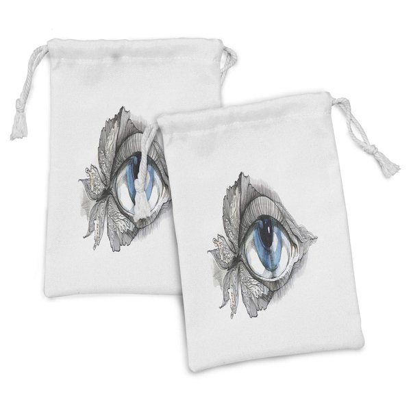 Ambesonne Eye Fabric Pouch Set of 2, Abstract Human Eye with Butterfly Eyelashes Painting Style Dreamy Female Look, Small Drawstring Bag for Toiletries Masks and Favors, 9" x 6", Black White Blue