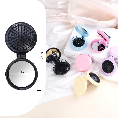 6 Pcs Mini Hair Brush, Compact Travel Hair Brush, Portable Travel Brushes for Hair, Folding Hair Brush with Makeup Mirror, Round Hair Massage Comb for Women Girls, 6 Colors