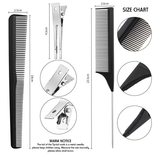 52 Pieces Hair Comb Set Locks Comb Dread Clips Includes Rat Tail Combs, Taper Hair Comb and 50 Double Prong Curl Clips for Men and Women Wavy Curls Hair Types (Black)