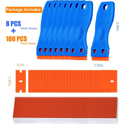 8 Pcs Plastic Razor Blade Scraper and 100 Pcs Blades, Remove Label Decal Tool， Forwithout Scratches Plastic Razor Blade Scraper, Adhesive Remover for Stickers, Kitchen Appliances and Paints on Window