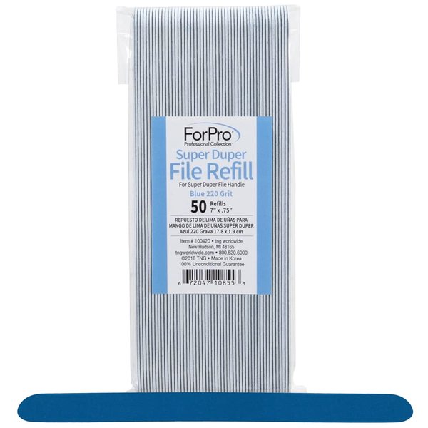 ForPro Professional Collection Super Duper File System, Blue, 220 Grit, Manicure Nail File Refills, 7” L x .75“ W, 50-Count