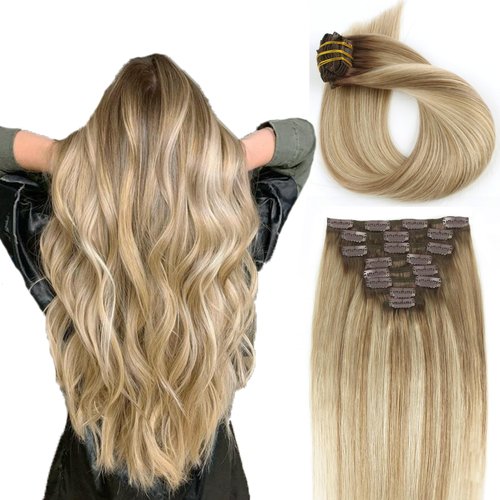 ABH AMAZINGBEAUTY HAIR 14 Inch Human Hair Extensions Clip ins Ombre Walnut Brown to Ash Brown and Bleach Blonde Clip on Hair Extensions Human Hair R3-8-613 Remy Hair Extensions Clips 8pcs/120g