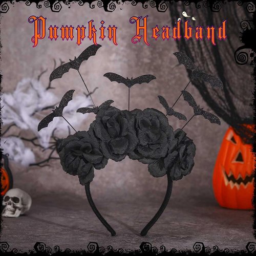 Jovono Halloween Headband Black Bat Headbands Flower Hair Band Party Costume Hair Accessories for Women and Girls(1Pcs)