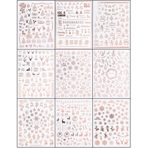 JMEOWIO 9 Sheets Christmas Nail Art Stickers Decals Self-Adhesive Pegatinas Uñas Navidad Rose Gold Winter Holiday Xmas Snowflake Nail Supplies Nail Art Design Decoration Accessories