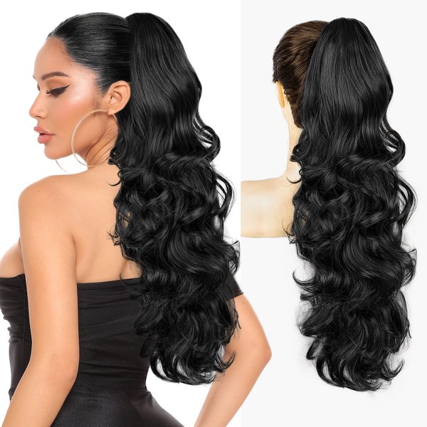 FREEMEIGE Black Ponytail Extension, 24" Claw Clip in Ponytail Extension Long Curly Wavy Ponytail Hair Extensions Clip on Pony Tails Hair Extensions Hairpiece for Women