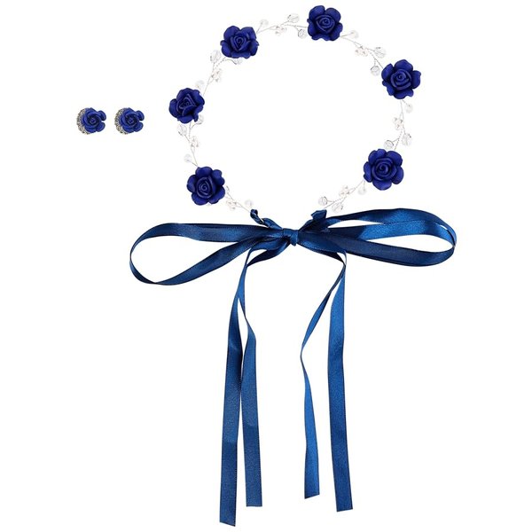 Framendino, Navy Blue Bridal Headband Crystal Flower Crown Wedding Headpiece with Earring Blue Rose Hair Vine for Women