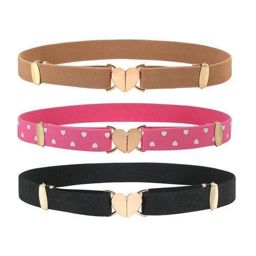 OVOGBEE Elastic Belts for Girls Stretch 3 Pack Little Toddler Teen Kids Adjustable Uniform Belt Girls Fashion Belt Peach Heart Black Pink Brown