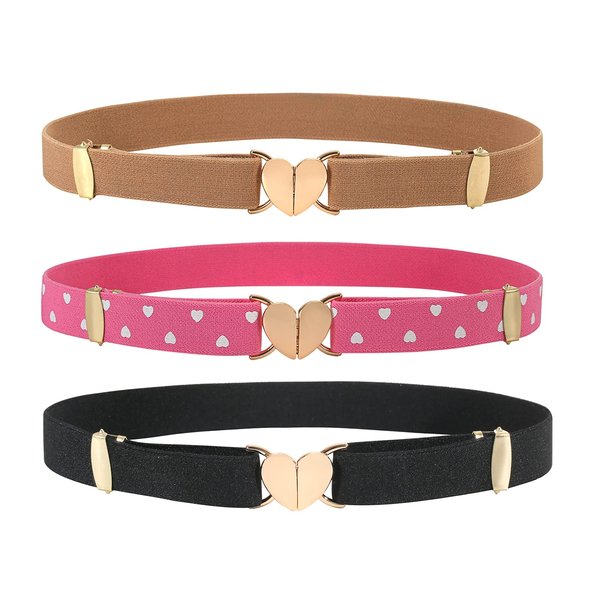OVOGBEE Elastic Belts for Girls Stretch 3 Pack Little Toddler Teen Kids Adjustable Uniform Belt Girls Fashion Belt Peach Heart Black Pink Brown