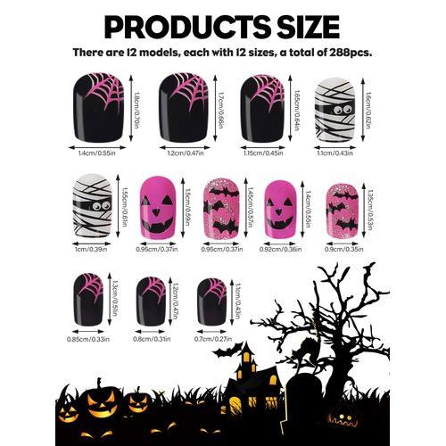 288PCS Halloween Fake Nails EBANKU Halloween Short Square False Nails with Nail Adhesive Tabs Press on Nails Full Cover Glossy Skull Bat Artificial Fingernails for Women Girls Nail Art Decoration